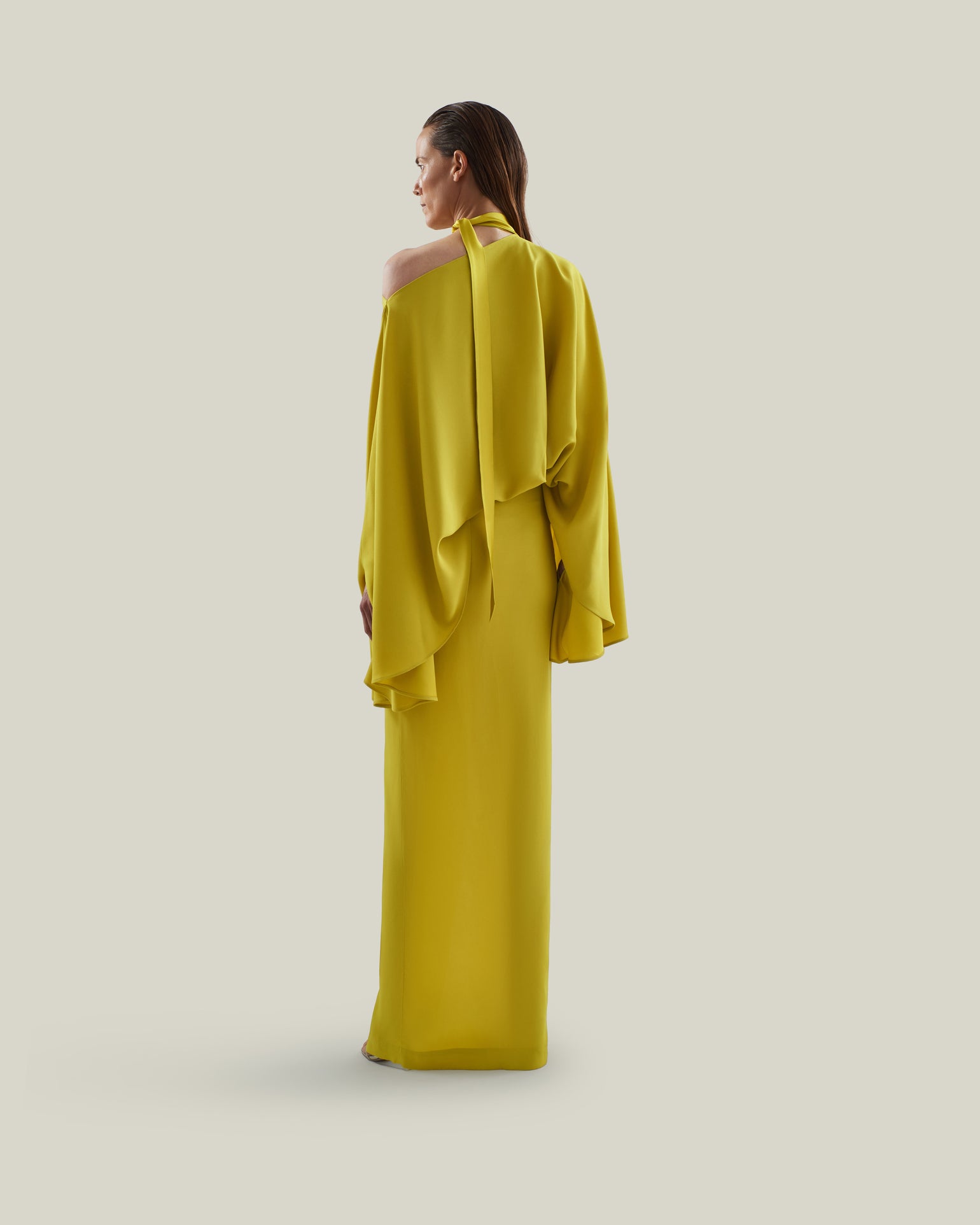 Brooks Dress in Acid Yellow - Crepe cady cold shoulder blouson dress with slit