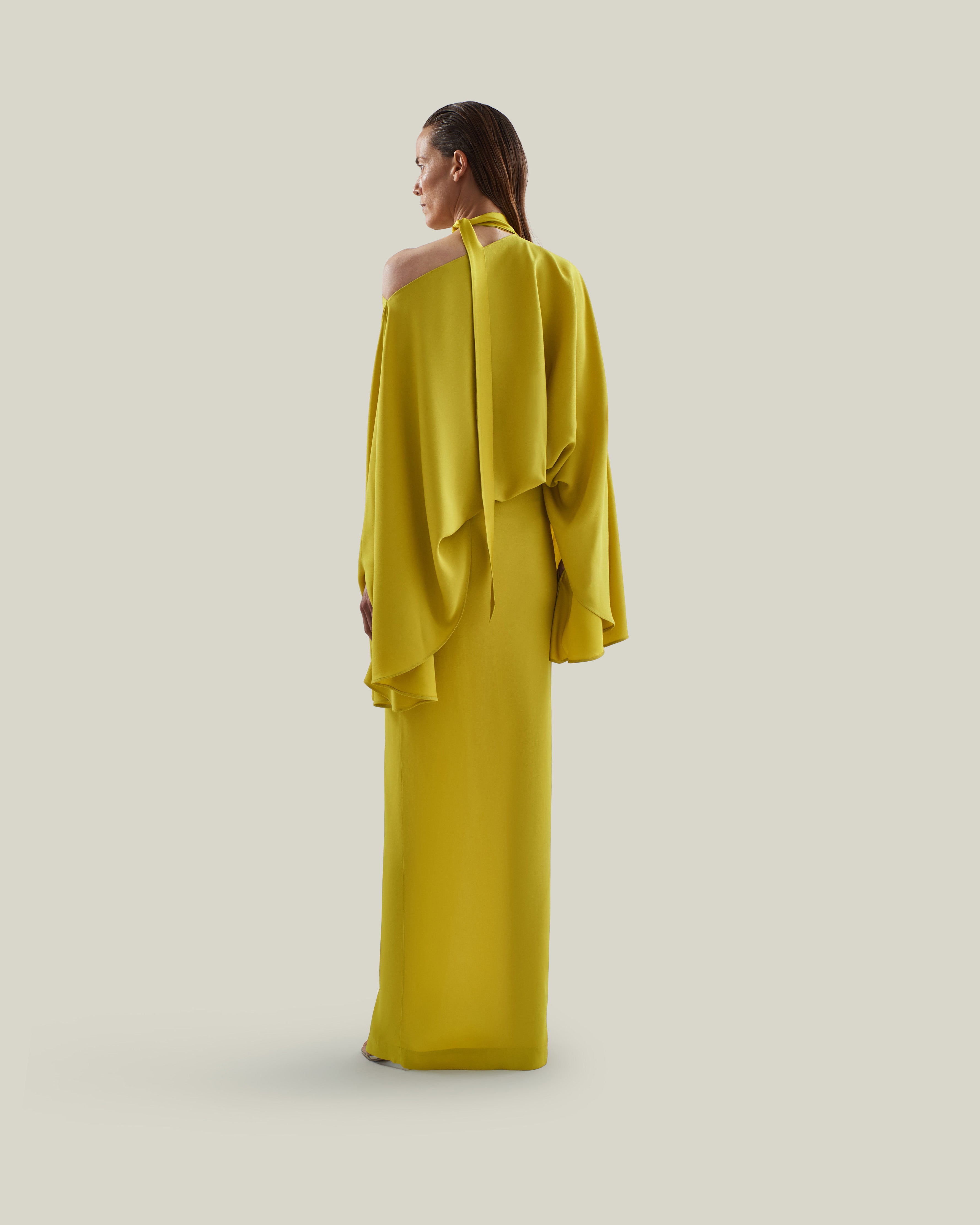 Brooks Dress in Acid Yellow - Crepe cady cold shoulder blouson dress with slit