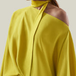 Brooks Dress in Acid Yellow - Crepe cady cold shoulder blouson dress with slit
