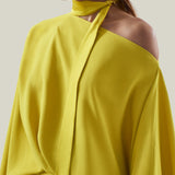 Brooks Dress in Acid Yellow - Crepe cady cold shoulder blouson dress with slit