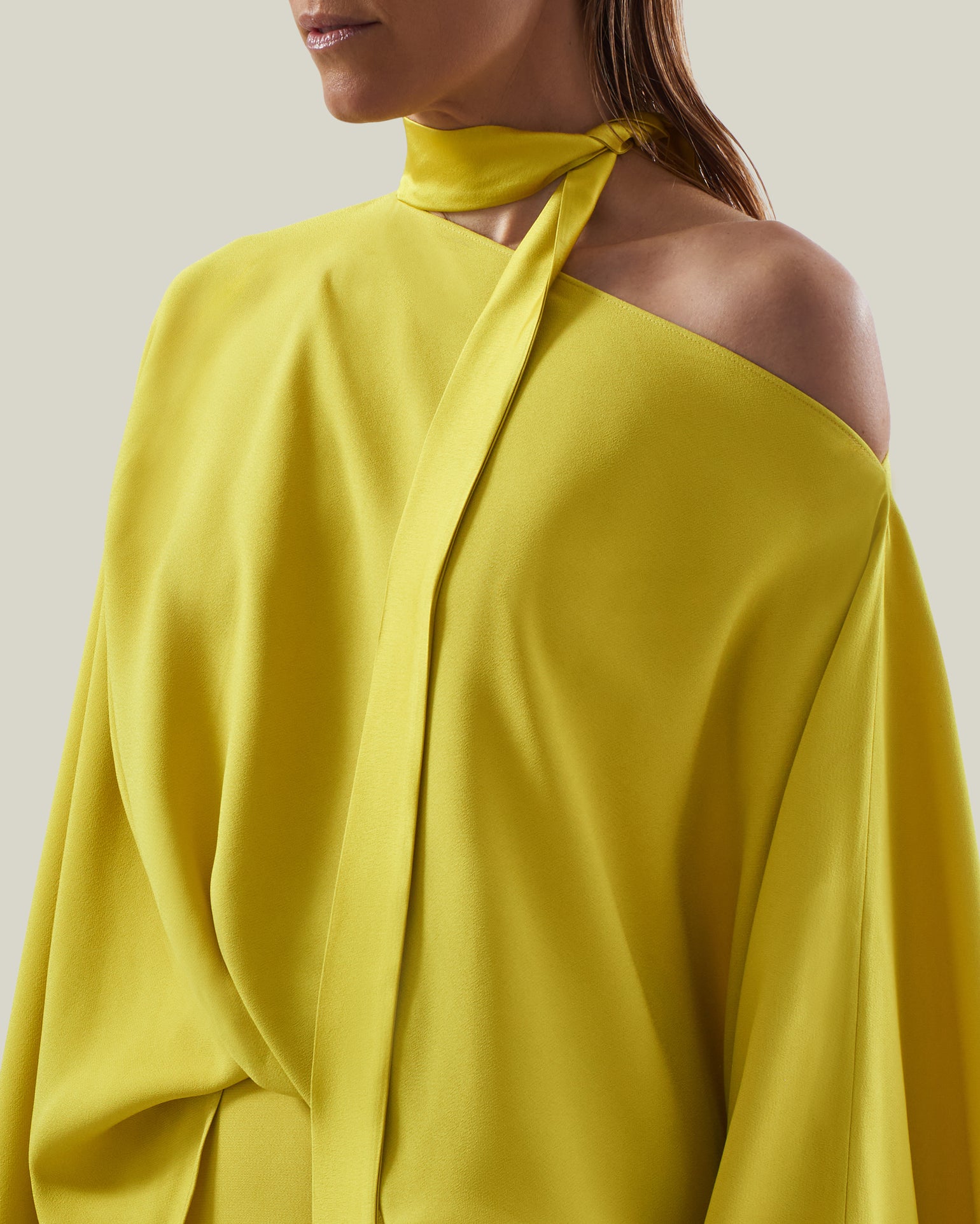 Brooks Dress in Acid Yellow - Crepe cady cold shoulder blouson dress with slit