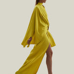 Brooks Dress in Acid Yellow - Crepe cady cold shoulder blouson dress with slit