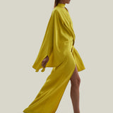Brooks Dress in Acid Yellow - Crepe cady cold shoulder blouson dress with slit