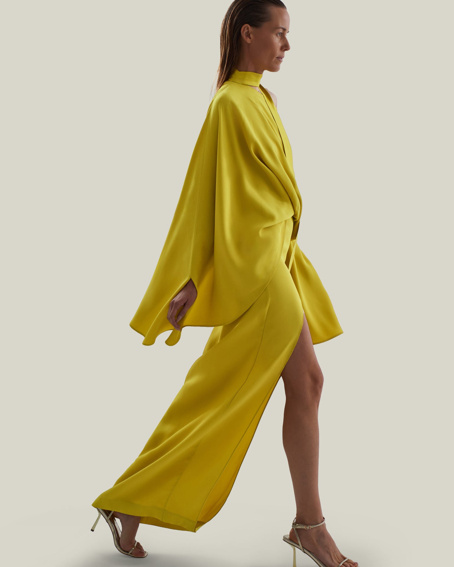 Brooks Dress in Acid Yellow - Crepe cady cold shoulder blouson dress with slit
