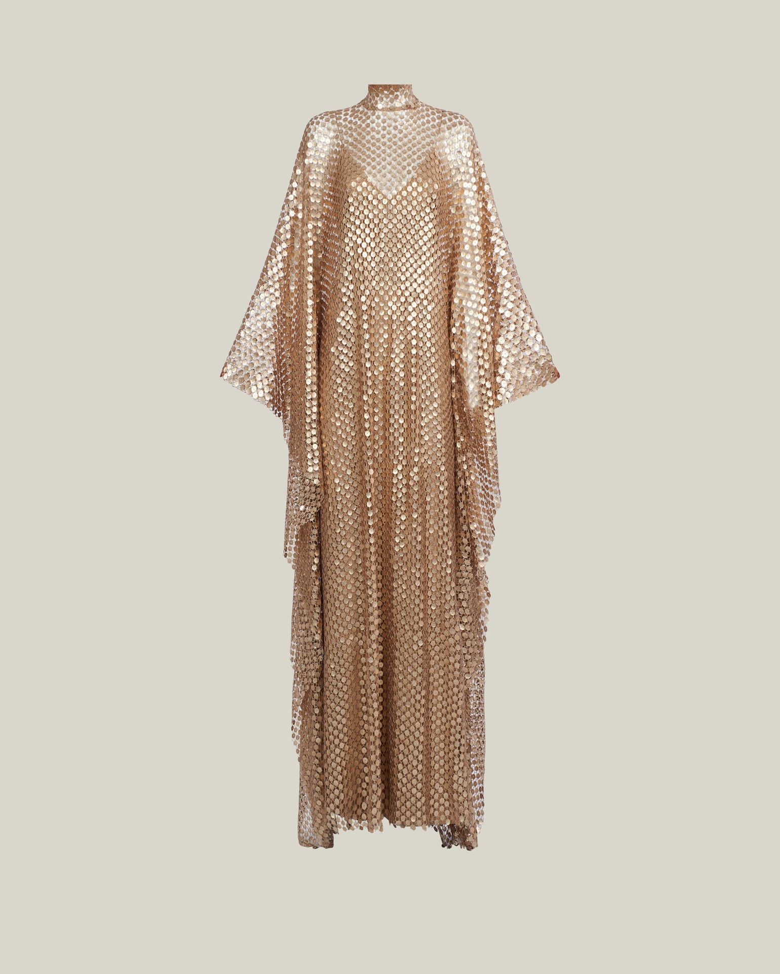 Deserto Kaftan in Brass - High neck matte sequined net kaftan with dettached stretch cady slip dress
