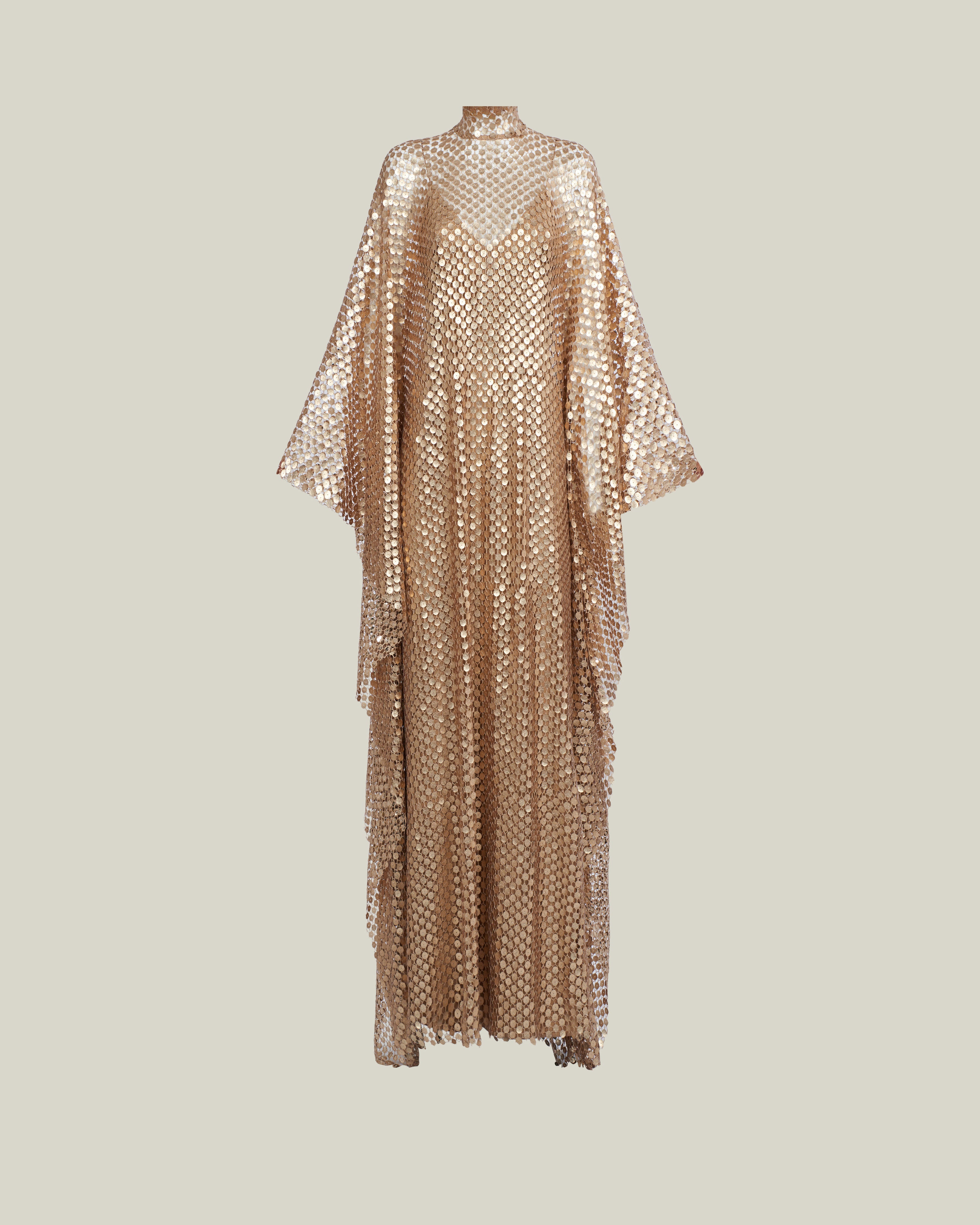 Deserto Kaftan in Brass - High neck matte sequined net kaftan with dettached stretch cady slip dress