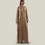 Deserto Kaftan in Brass - High neck matte sequined net kaftan with dettached stretch cady slip dress
