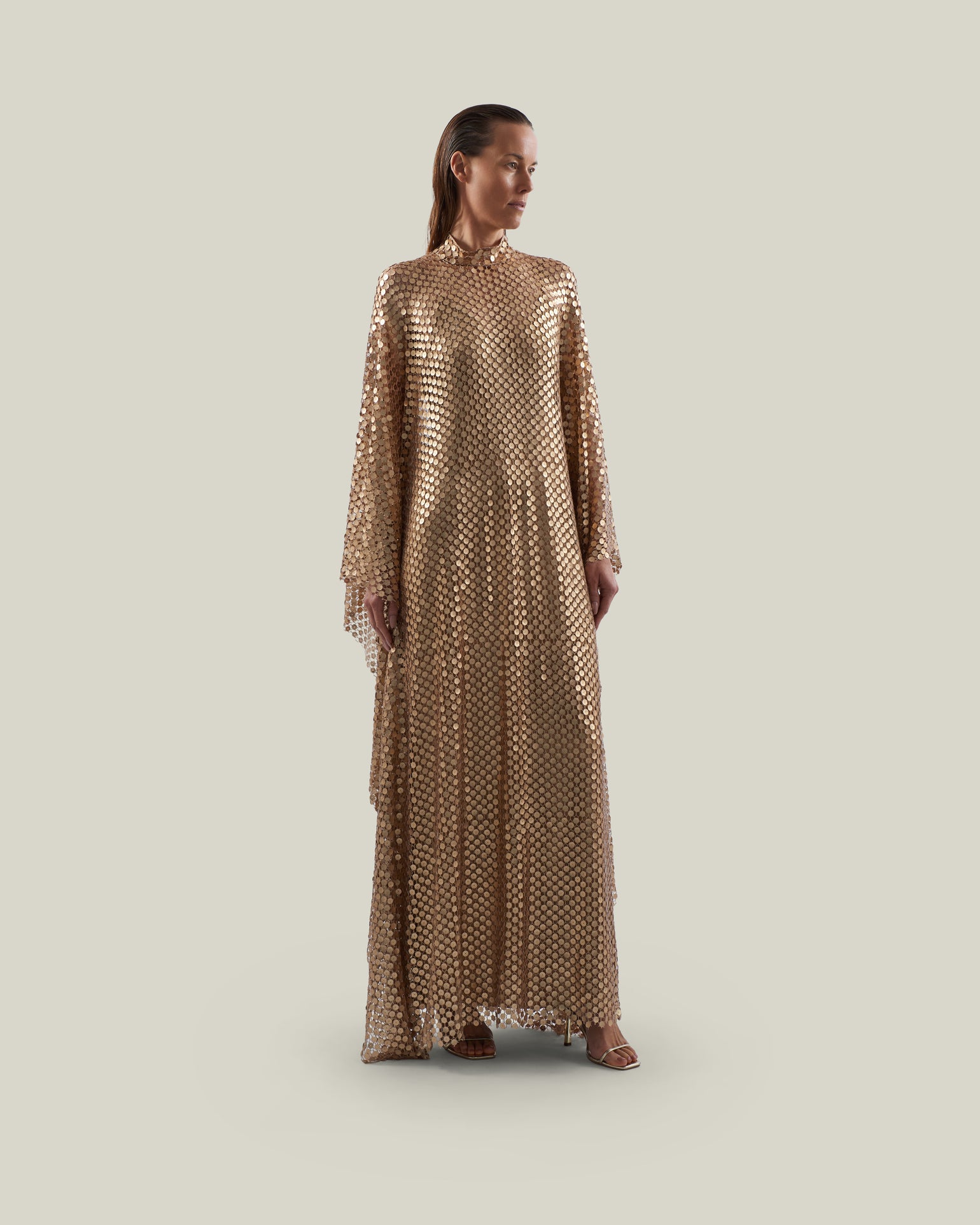 Deserto Kaftan in Brass - High neck matte sequined net kaftan with dettached stretch cady slip dress