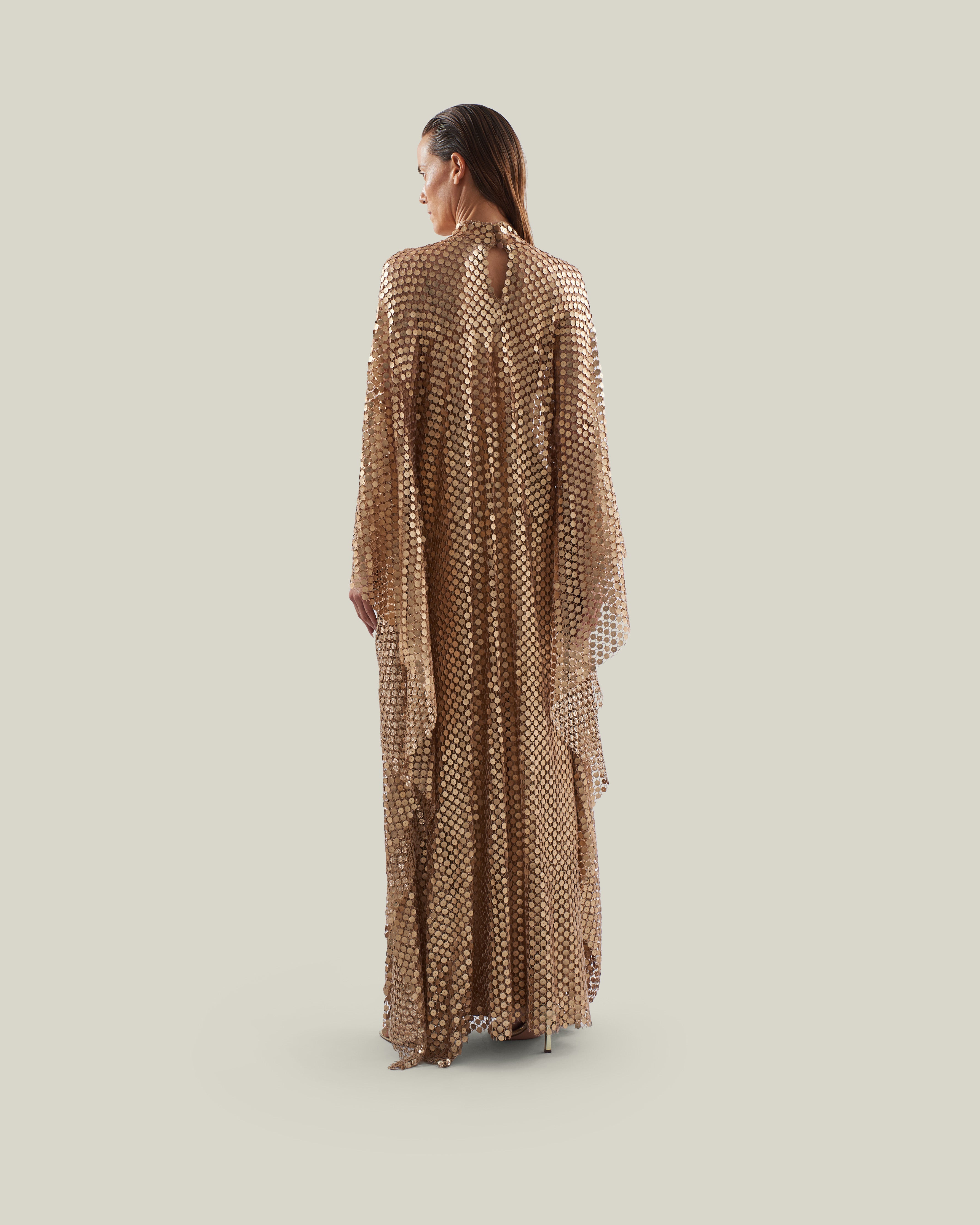 Deserto Kaftan in Brass - High neck matte sequined net kaftan with dettached stretch cady slip dress