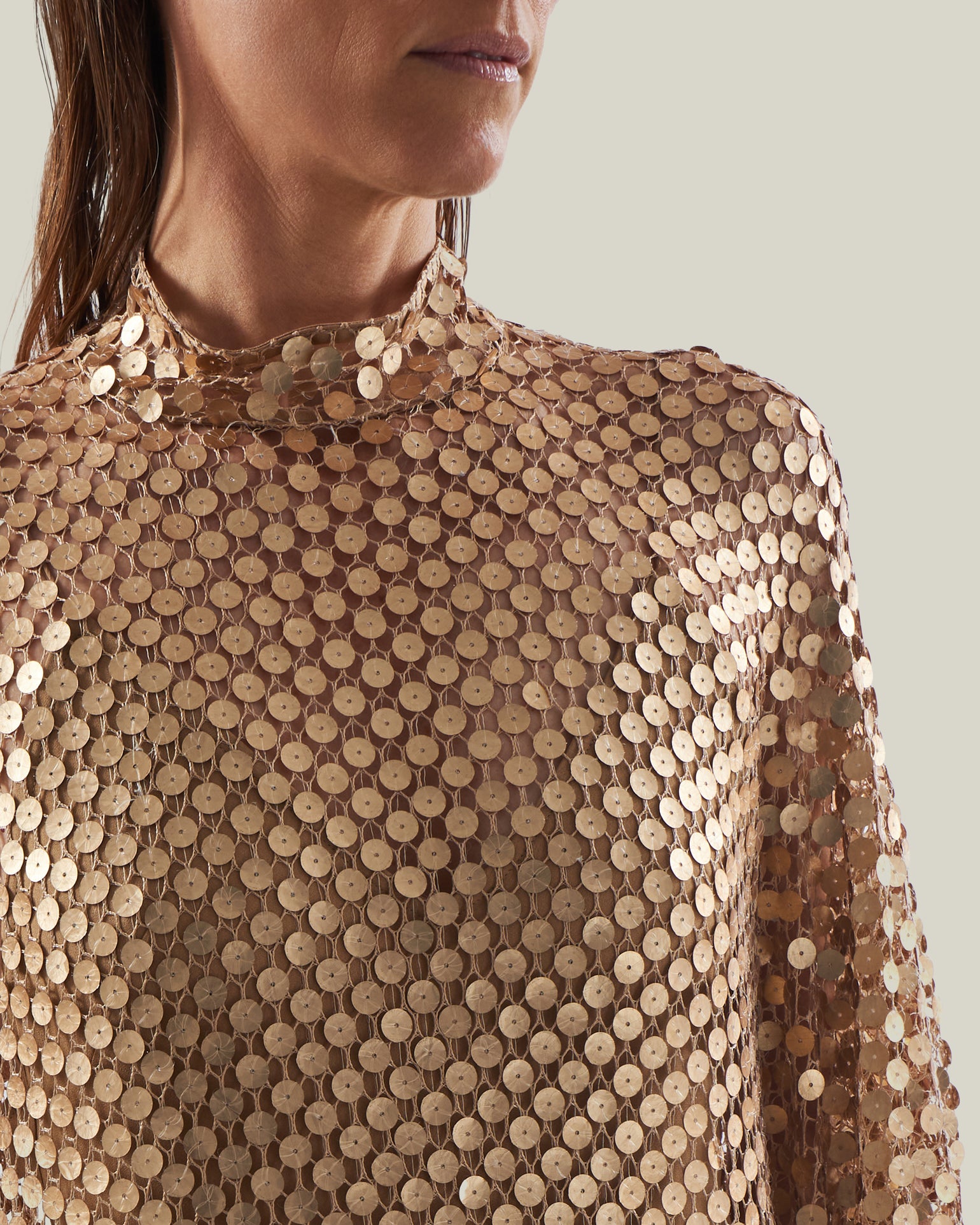 Deserto Kaftan in Brass - High neck matte sequined net kaftan with dettached stretch cady slip dress