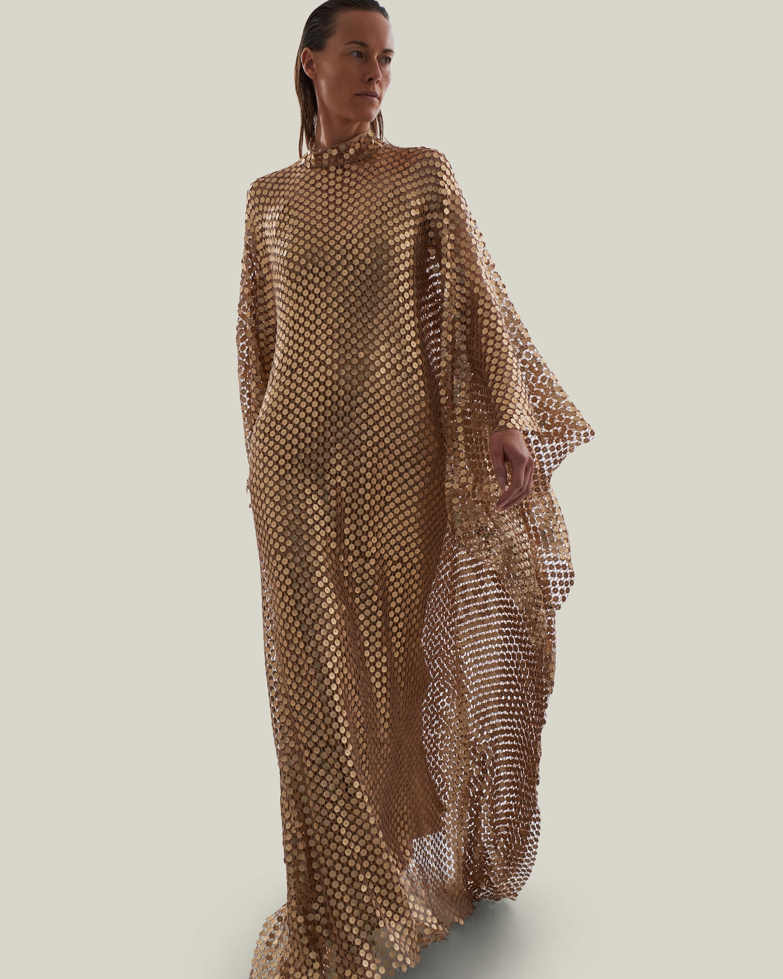 Deserto Kaftan in Brass - High neck matte sequined net kaftan with dettached stretch cady slip dress