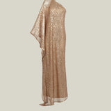 Le Dune Dress in Brass - High neck matte sequined net one shoulder dress with dettached stretch cady slip dress