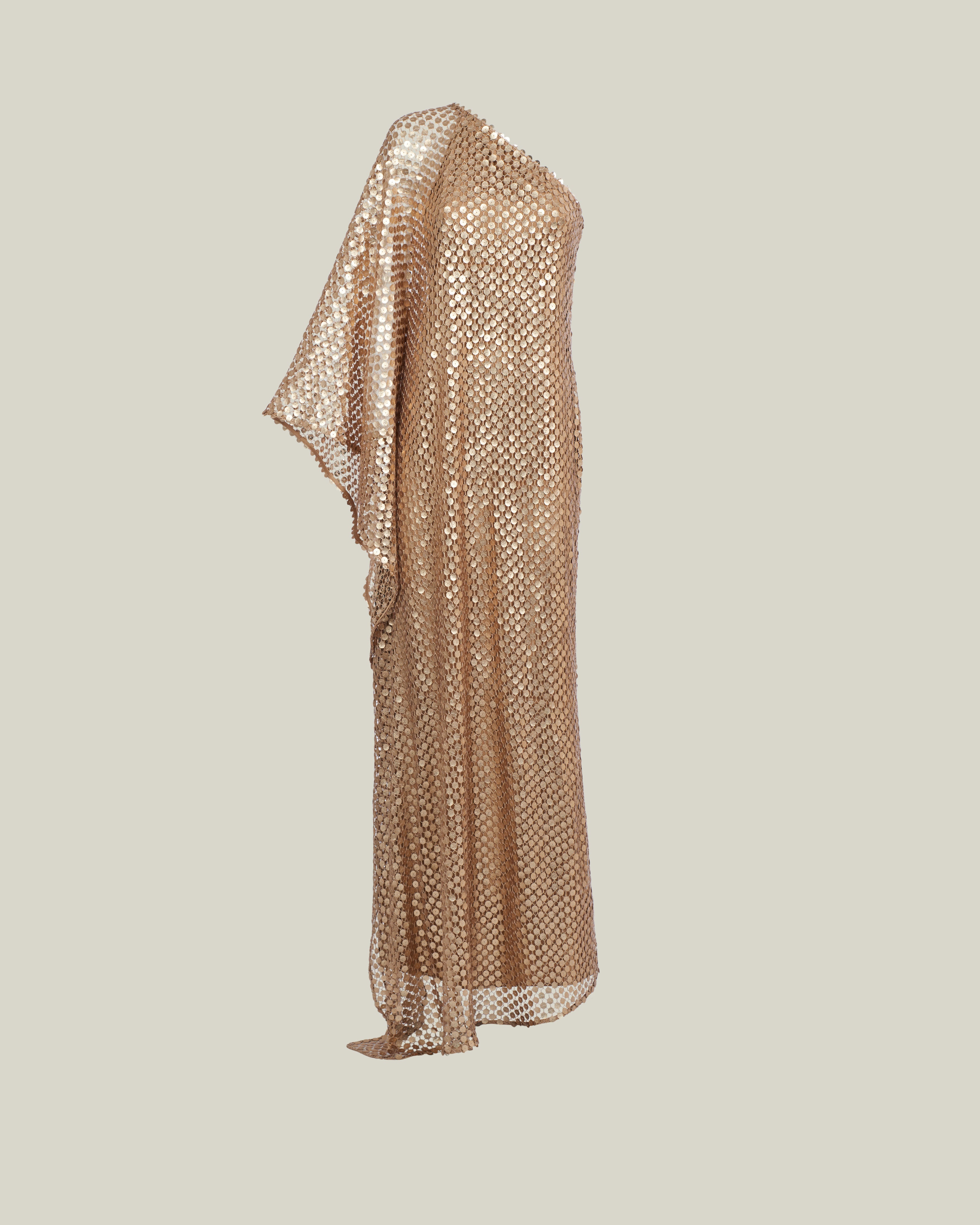 Le Dune Dress in Brass - High neck matte sequined net one shoulder dress with dettached stretch cady slip dress