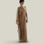Le Dune Dress in Brass - High neck matte sequined net one shoulder dress with dettached stretch cady slip dress