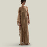 Le Dune Dress in Brass - High neck matte sequined net one shoulder dress with dettached stretch cady slip dress