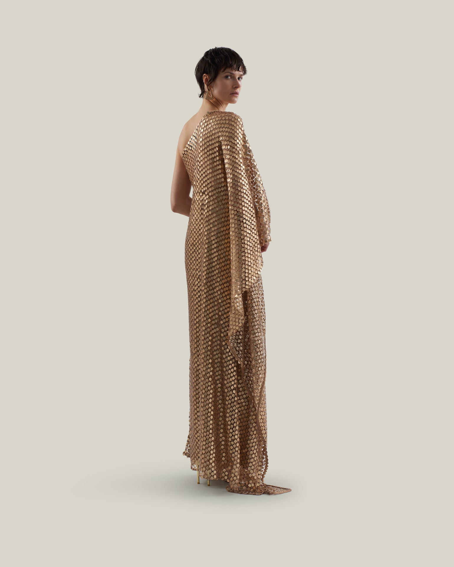 Le Dune Dress in Brass - High neck matte sequined net one shoulder dress with dettached stretch cady slip dress
