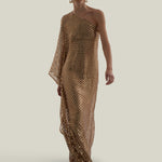 Le Dune Dress in Brass - High neck matte sequined net one shoulder dress with dettached stretch cady slip dress