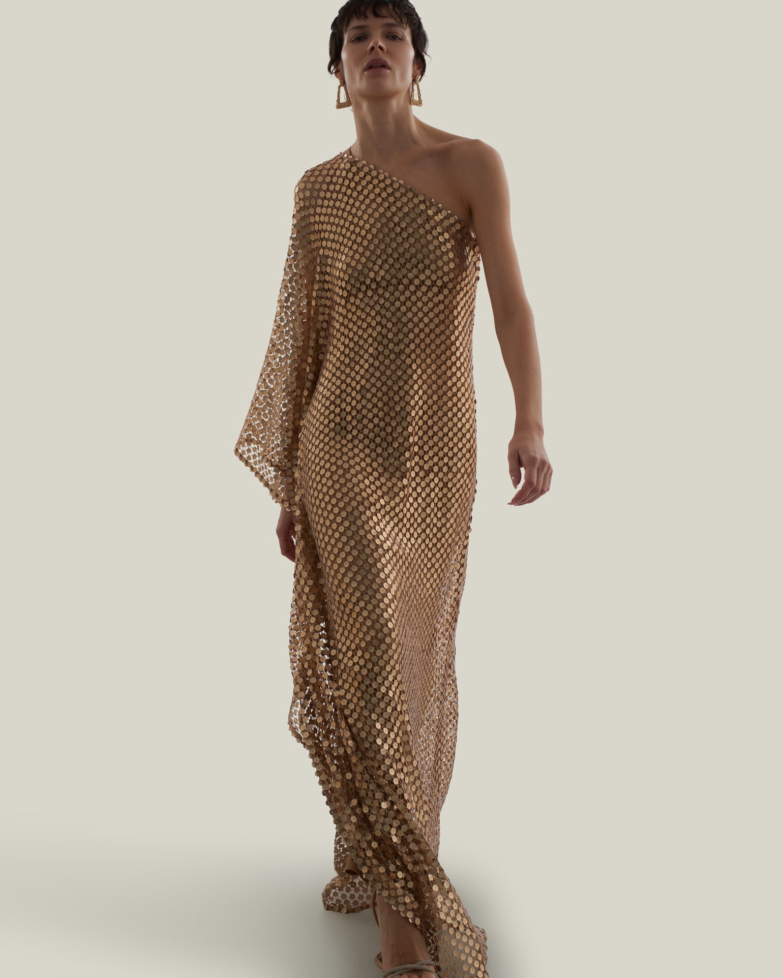 Le Dune Dress in Brass - High neck matte sequined net one shoulder dress with dettached stretch cady slip dress