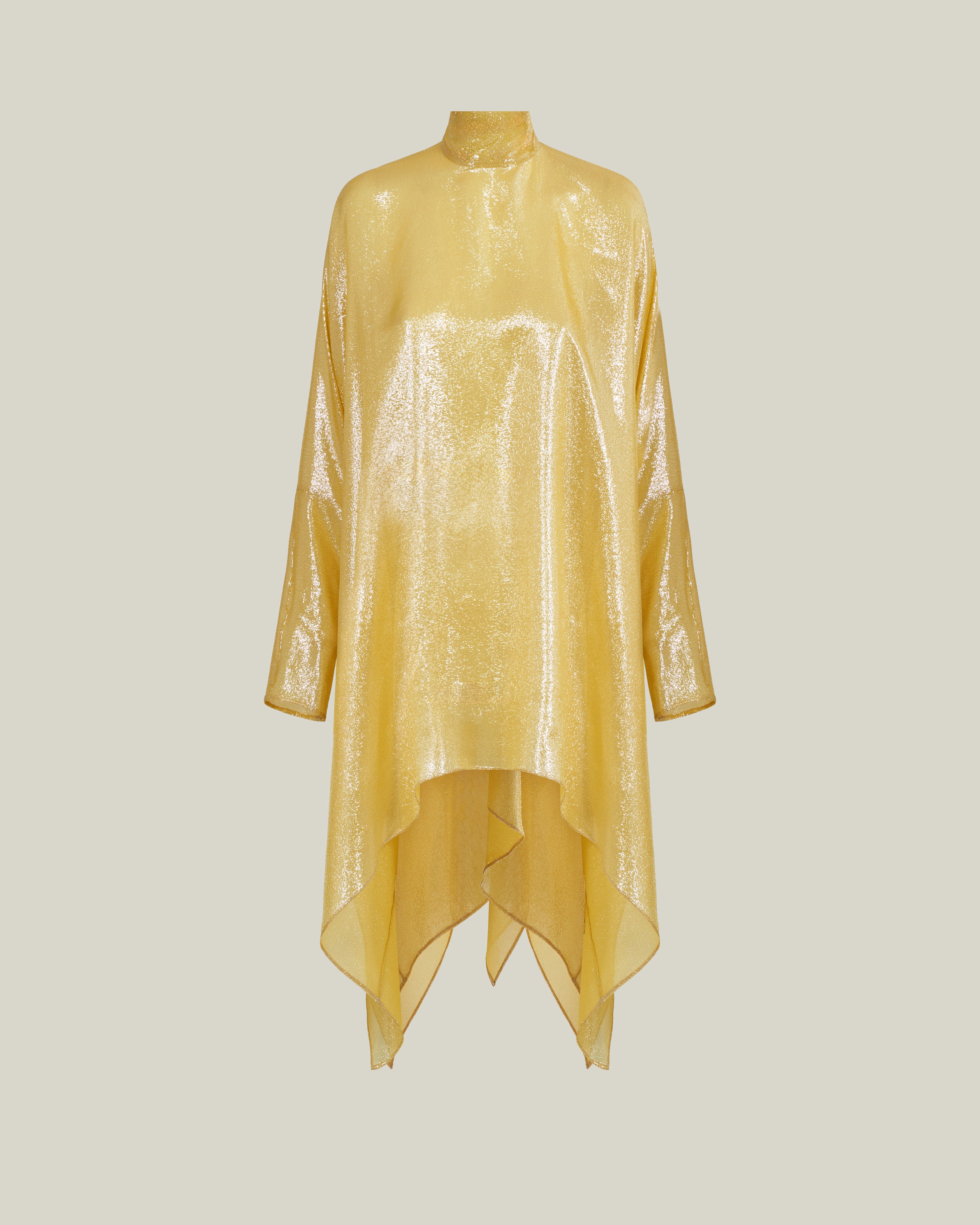 Wadi Kaftan in Acid Yellow - Lightweight lamè mini kaftan with cuffs