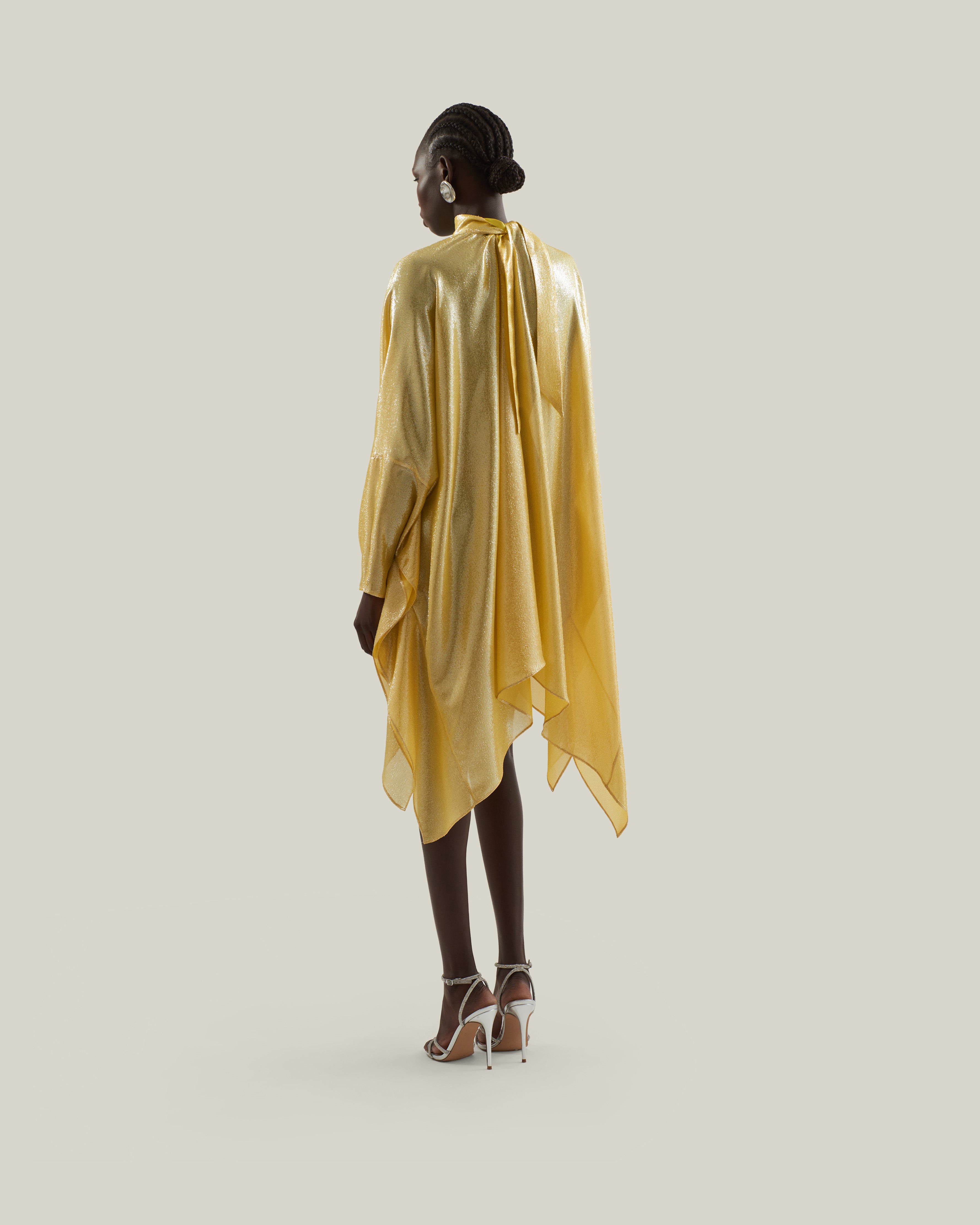 Wadi Kaftan in Acid Yellow - Lightweight lamè mini kaftan with cuffs