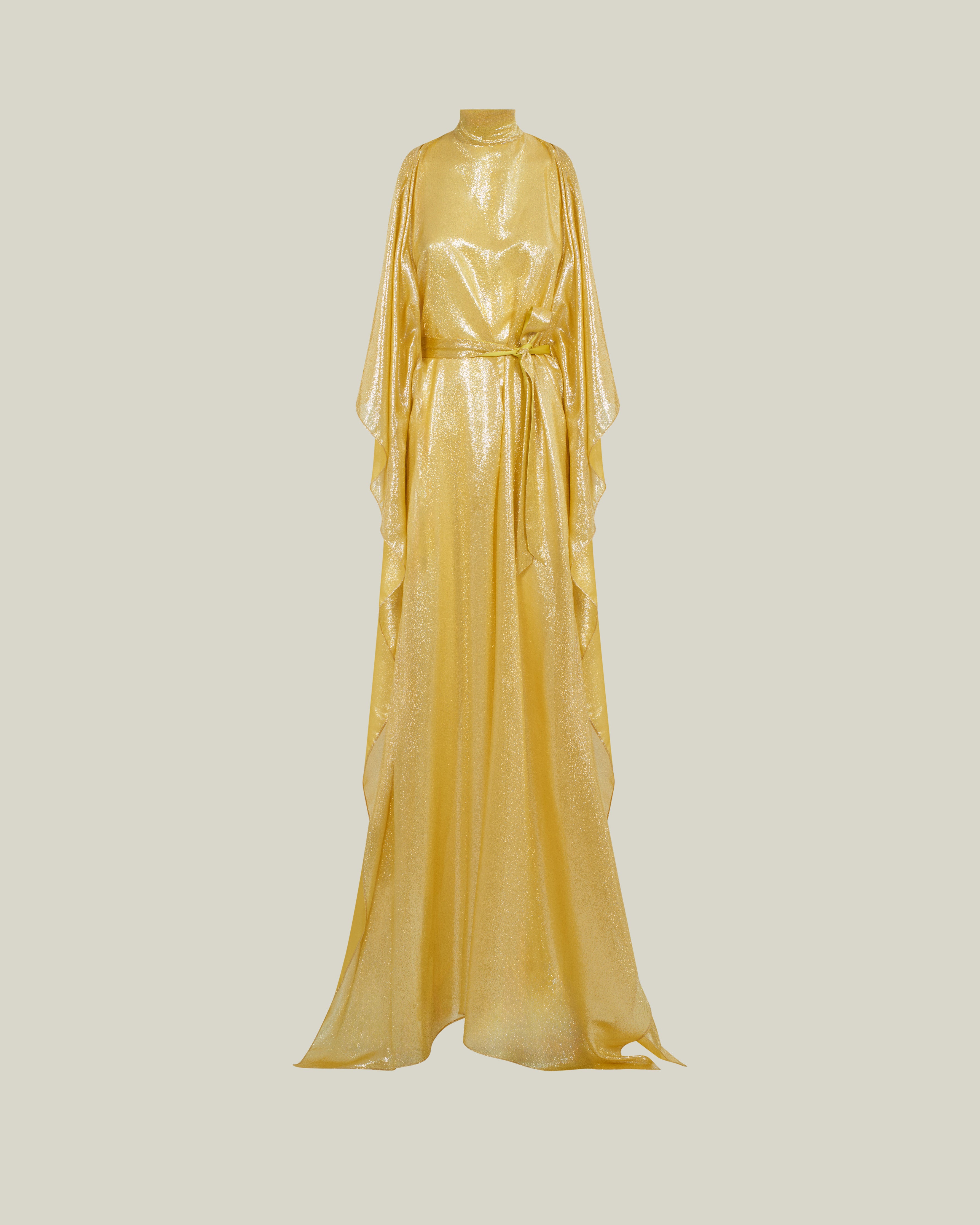 Nevada Kaftan in Acid Yellow - Lightweight lamè kaftan with open sleeve and high neck