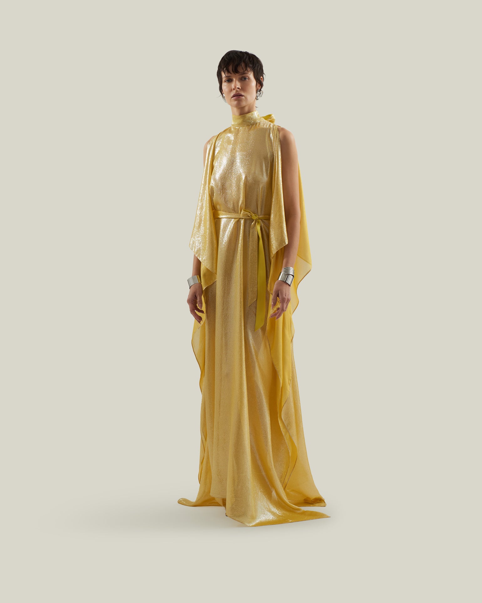 Nevada Kaftan in Acid Yellow - Lightweight lamè kaftan with open sleeve and high neck