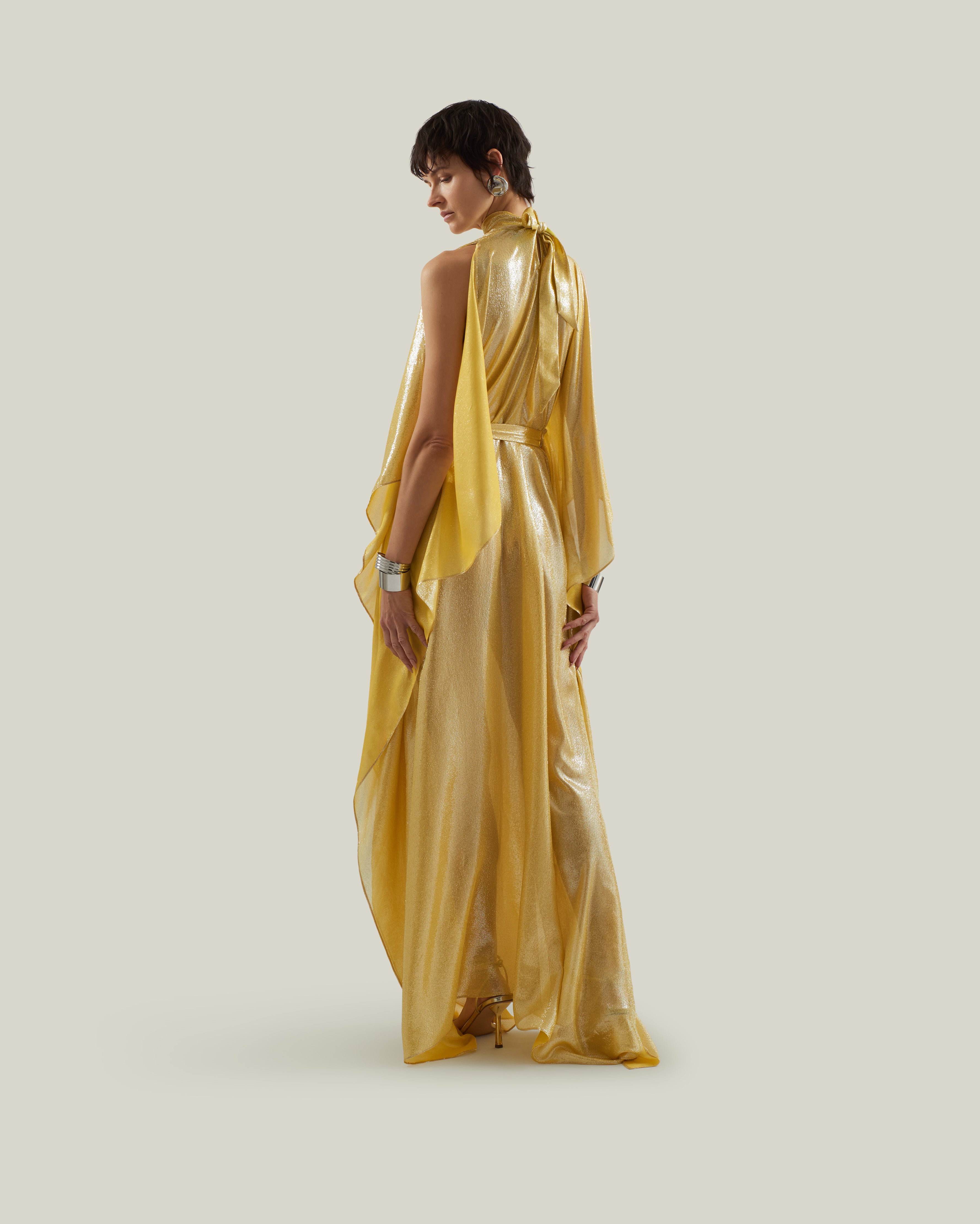 Nevada Kaftan in Acid Yellow - Lightweight lamè kaftan with open sleeve and high neck