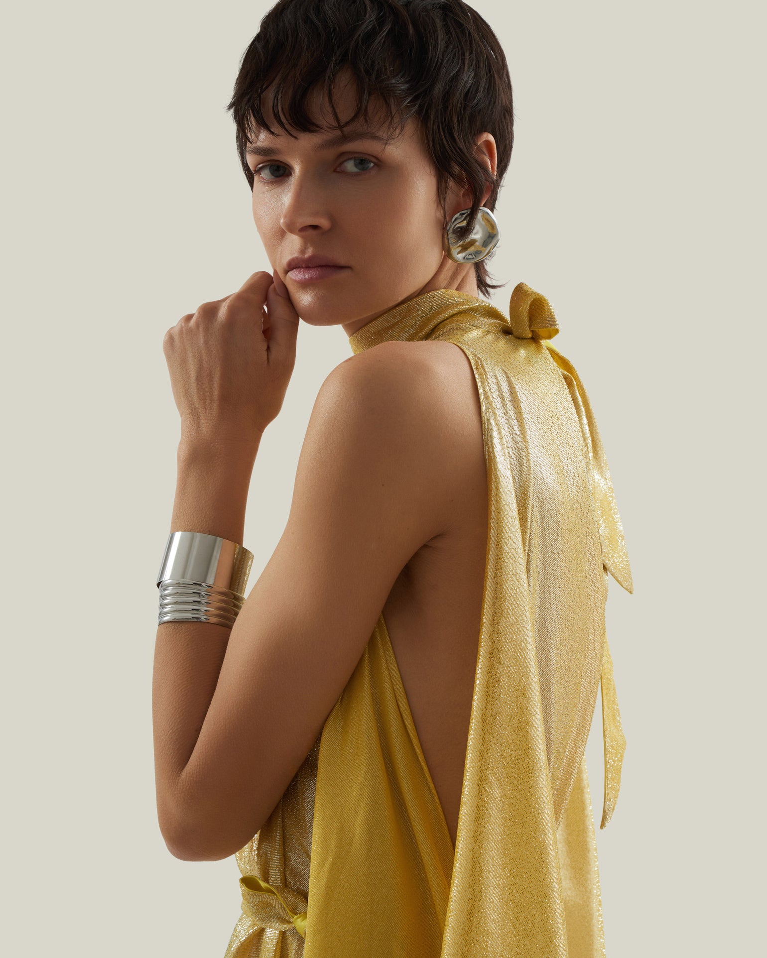 Nevada Kaftan in Acid Yellow - Lightweight lamè kaftan with open sleeve and high neck