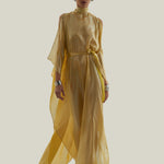 Nevada Kaftan in Acid Yellow - Lightweight lamè kaftan with open sleeve and high neck