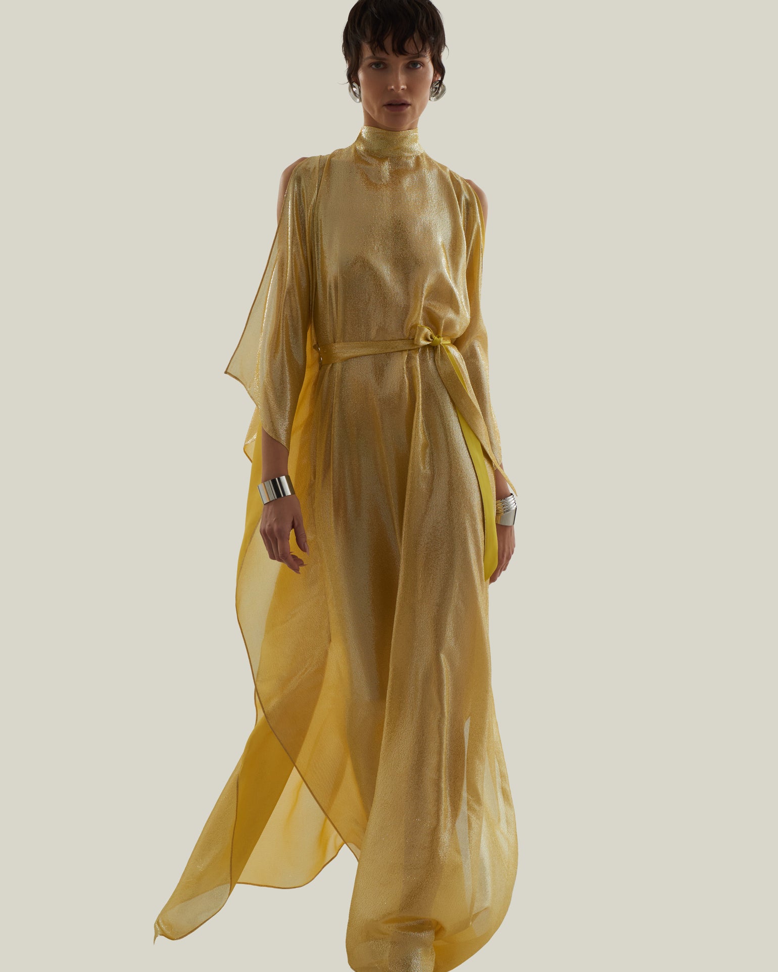 Nevada Kaftan in Acid Yellow - Lightweight lamè kaftan with open sleeve and high neck