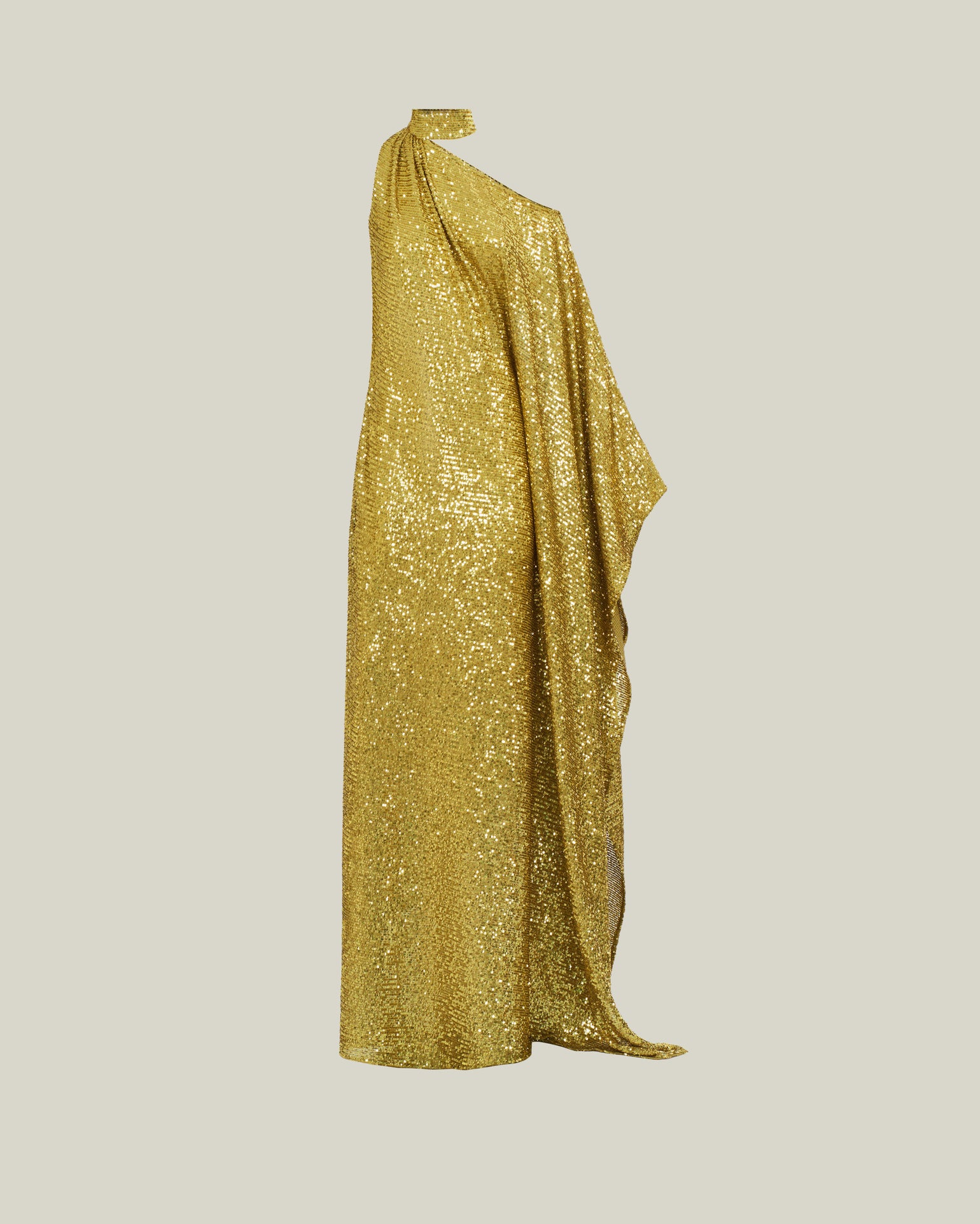 Atlas Disco Dress in Chartreuse - Sequined asymmetrical floor-lenght dress with scarf 