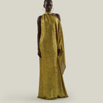 Atlas Disco Dress in Chartreuse - Sequined asymmetrical floor-lenght dress with scarf 