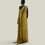 Atlas Disco Dress in Chartreuse - Sequined asymmetrical floor-lenght dress with scarf 