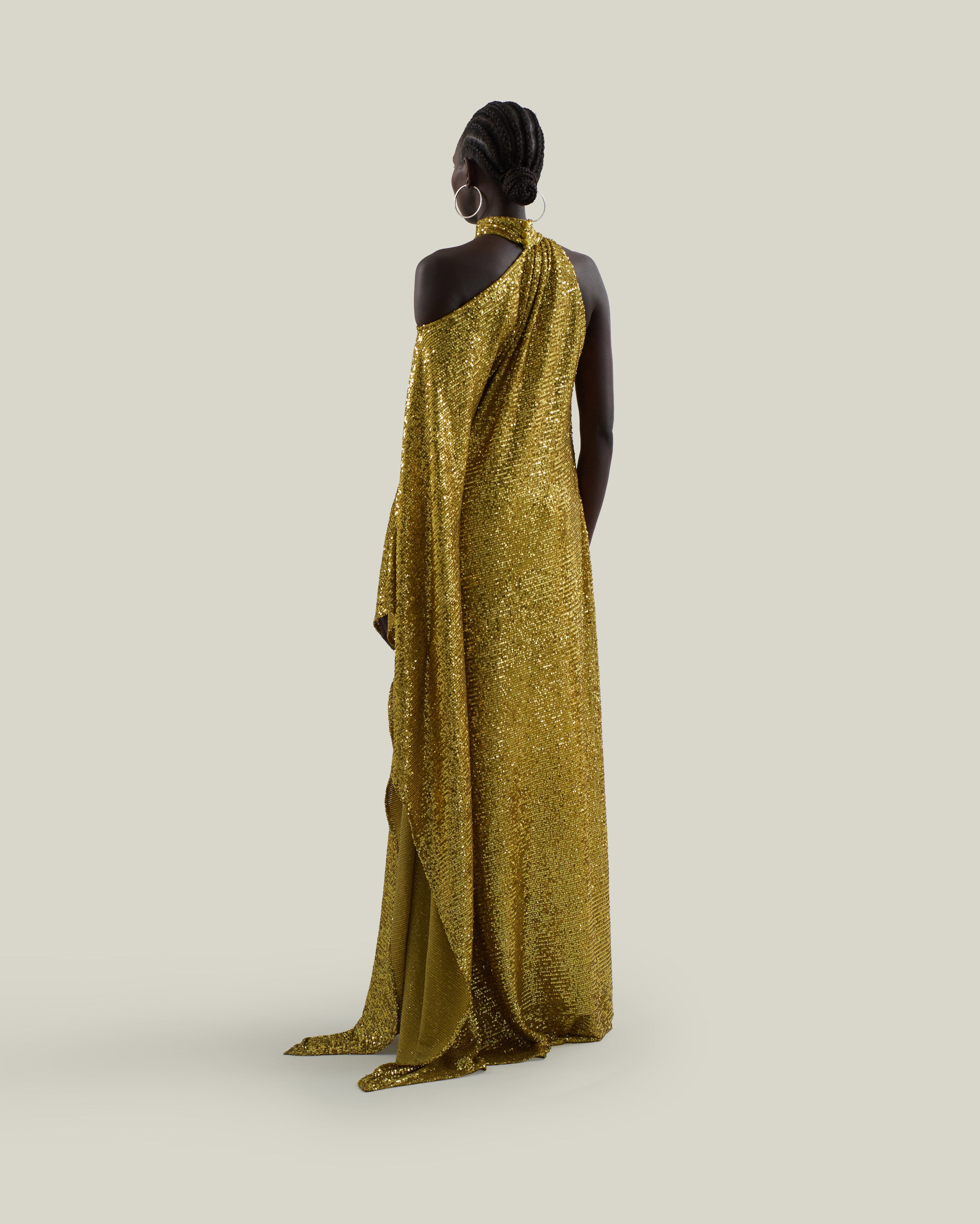 Atlas Disco Dress in Chartreuse - Sequined asymmetrical floor-lenght dress with scarf 
