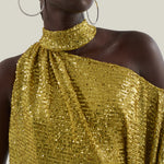 Atlas Disco Dress in Chartreuse - Sequined asymmetrical floor-lenght dress with scarf 