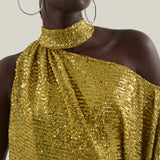 Atlas Disco Dress in Chartreuse - Sequined asymmetrical floor-lenght dress with scarf 
