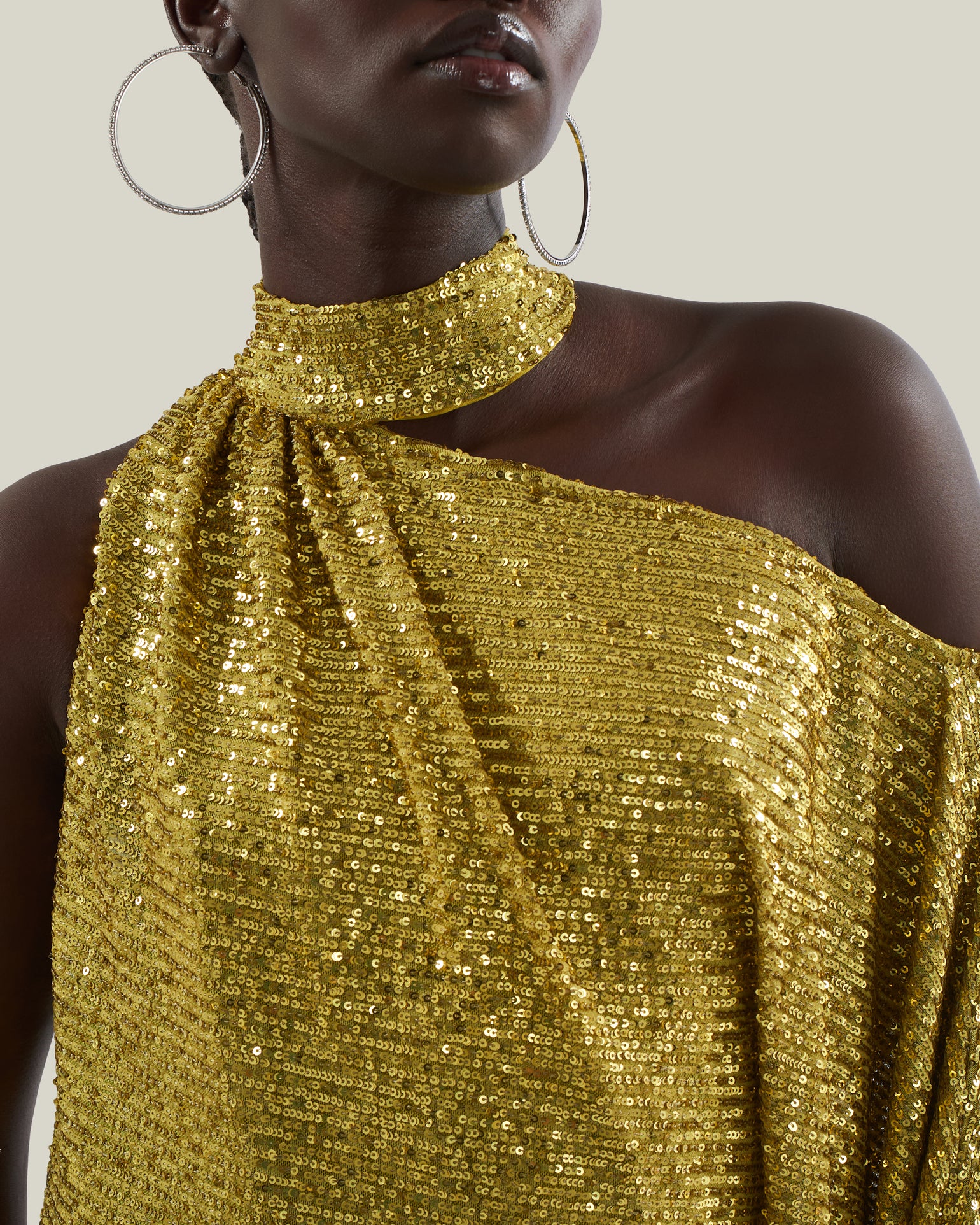 Atlas Disco Dress in Chartreuse - Sequined asymmetrical floor-lenght dress with scarf 