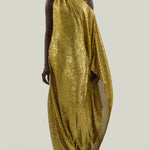 Atlas Disco Dress in Chartreuse - Sequined asymmetrical floor-lenght dress with scarf 