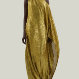 Atlas Disco Dress in Chartreuse - Sequined asymmetrical floor-lenght dress with scarf 