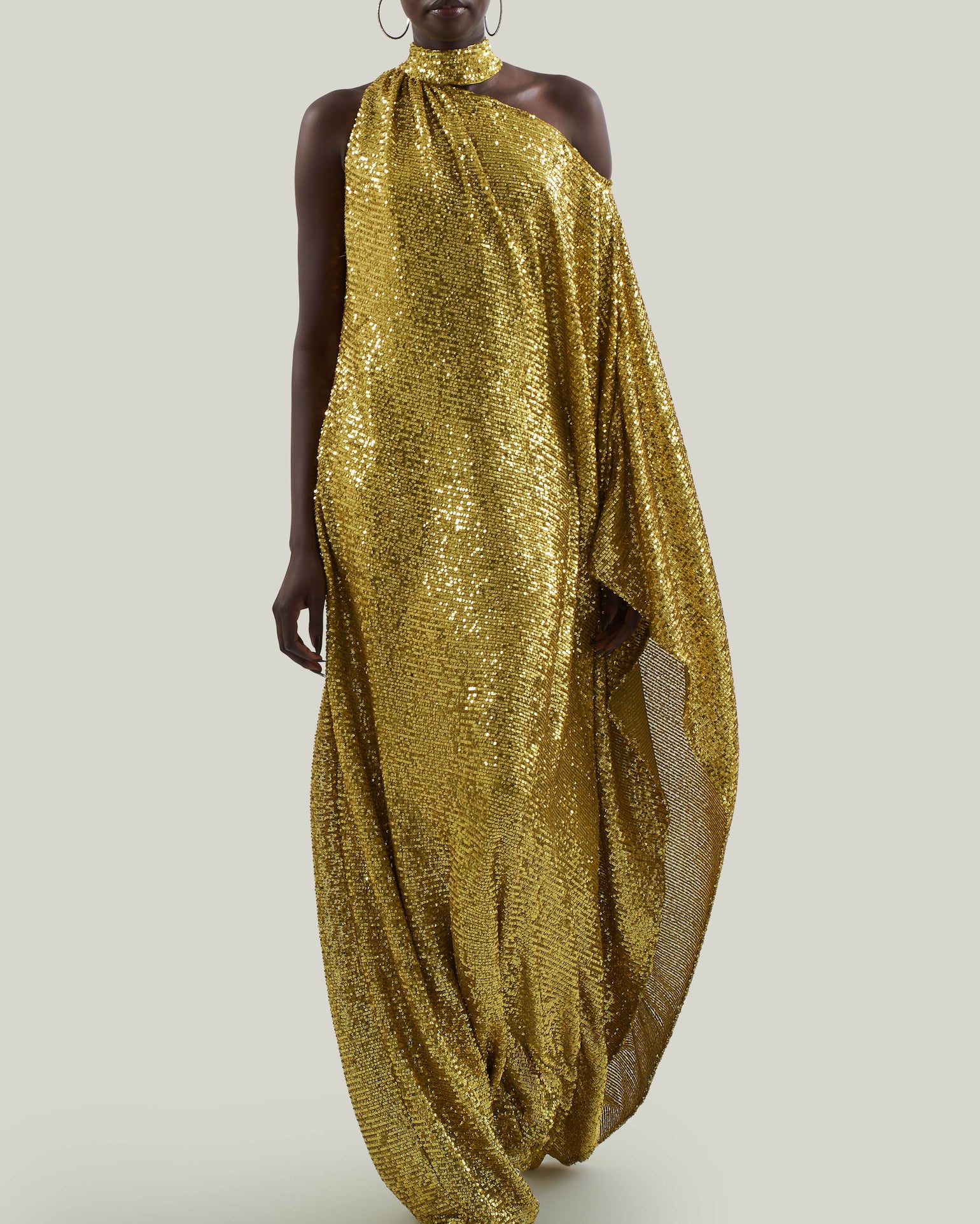 Atlas Disco Dress in Chartreuse - Sequined asymmetrical floor-lenght dress with scarf 