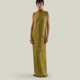 Miami Disco Dress in Chartreuse - Sequined high neck column dress