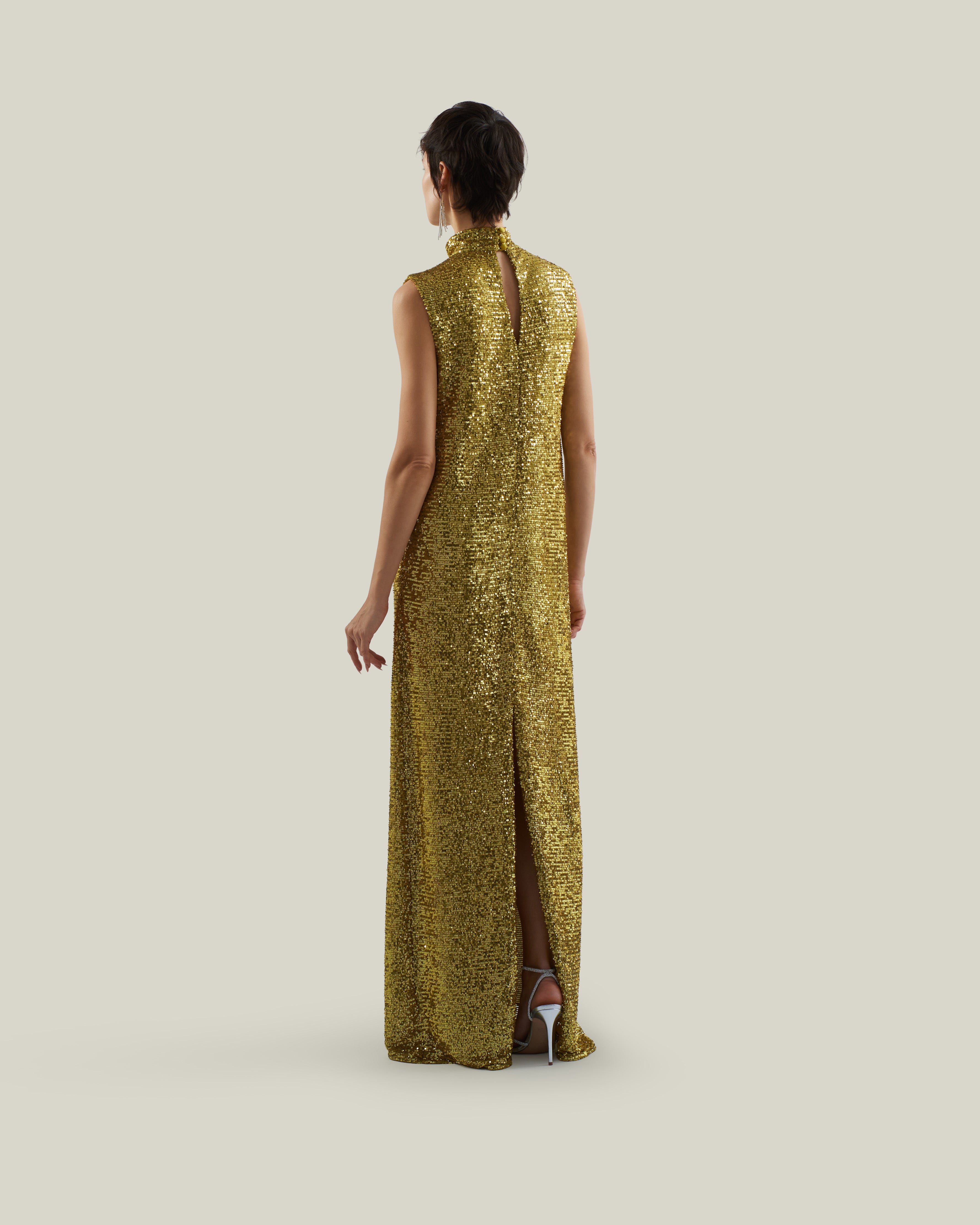 Miami Disco Dress in Chartreuse - Sequined high neck column dress