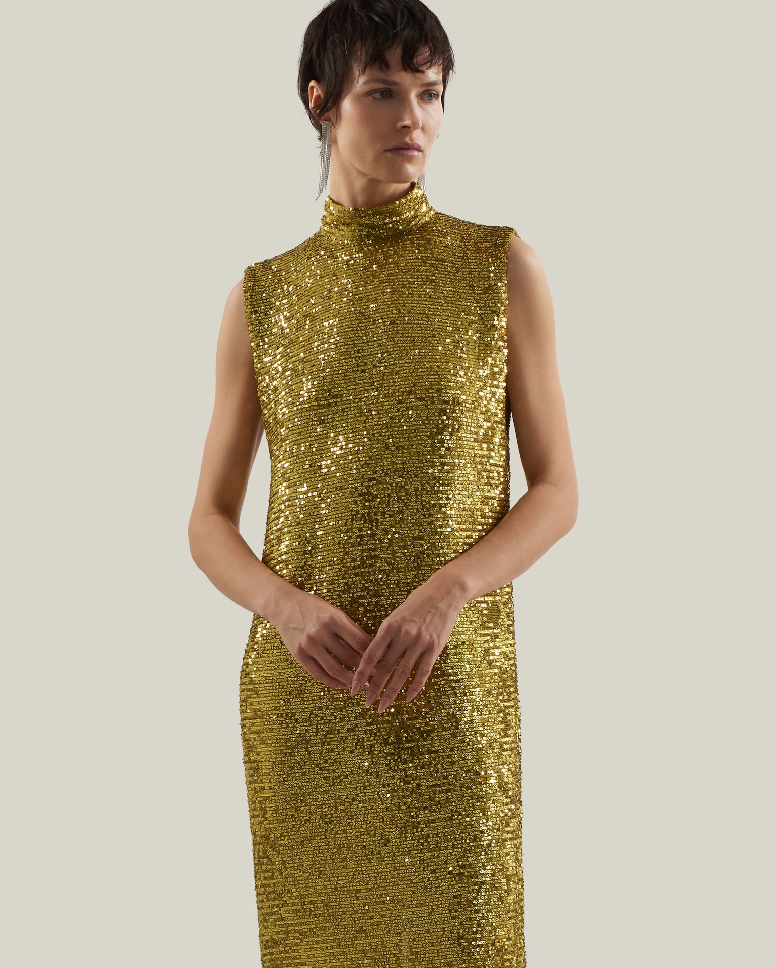 Miami Disco Dress in Chartreuse - Sequined high neck column dress