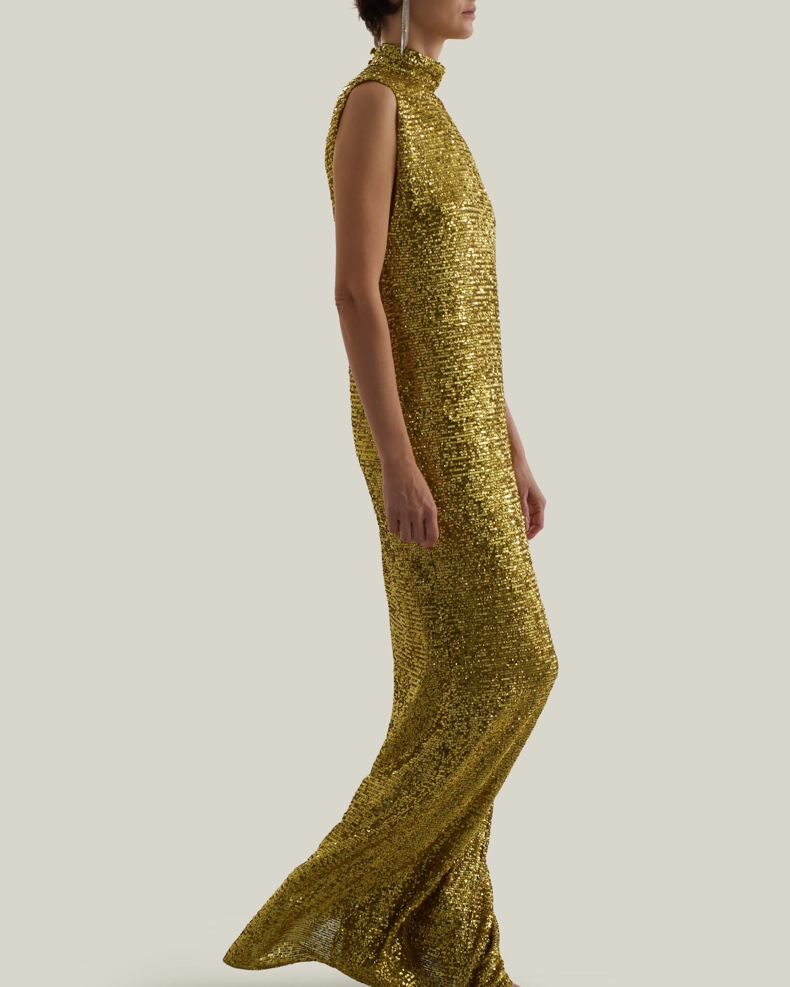 Miami Disco Dress in Chartreuse - Sequined high neck column dress