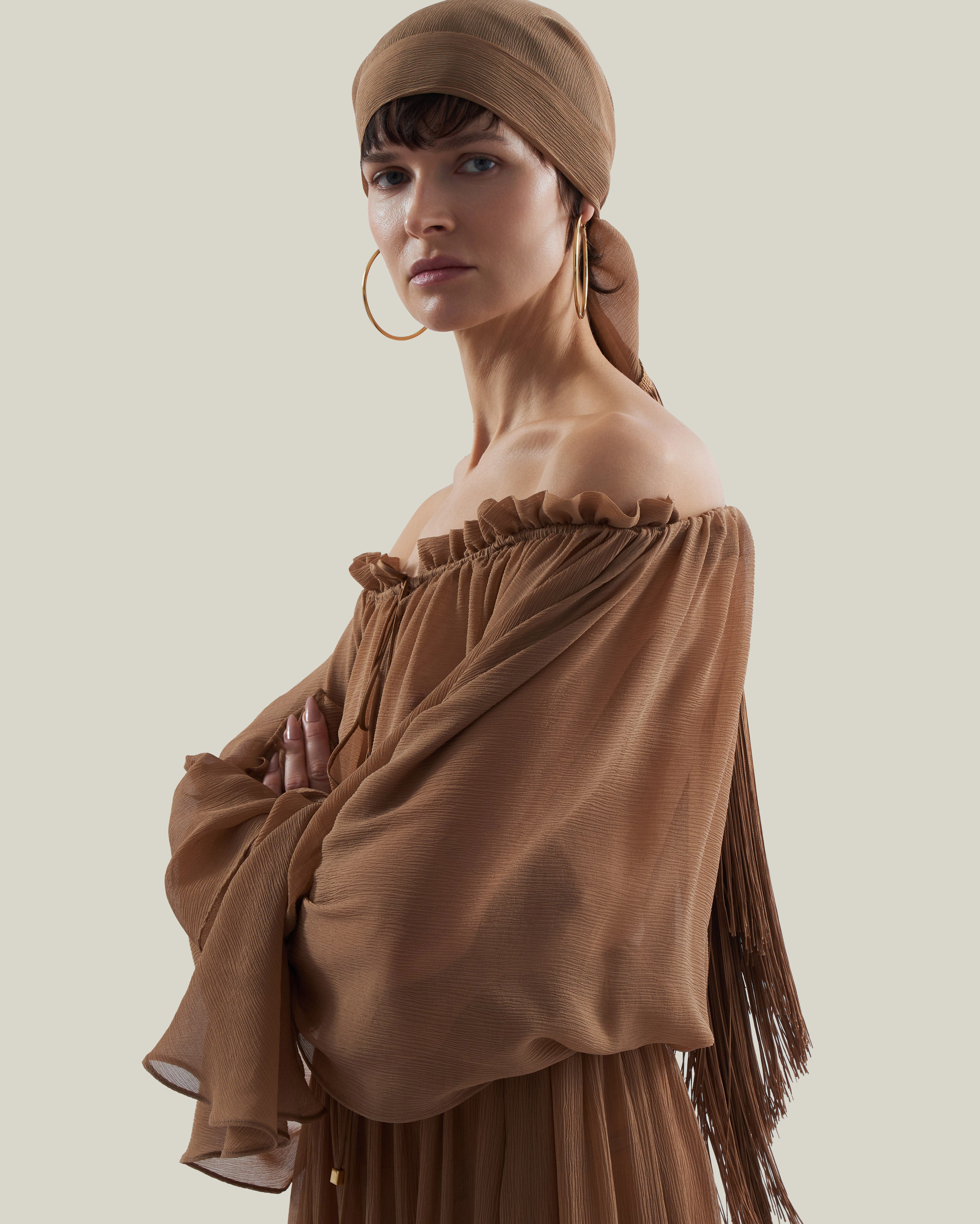 Bonny Spirito Headscarf in Camel - Crepe chiffon fringed headscarf
