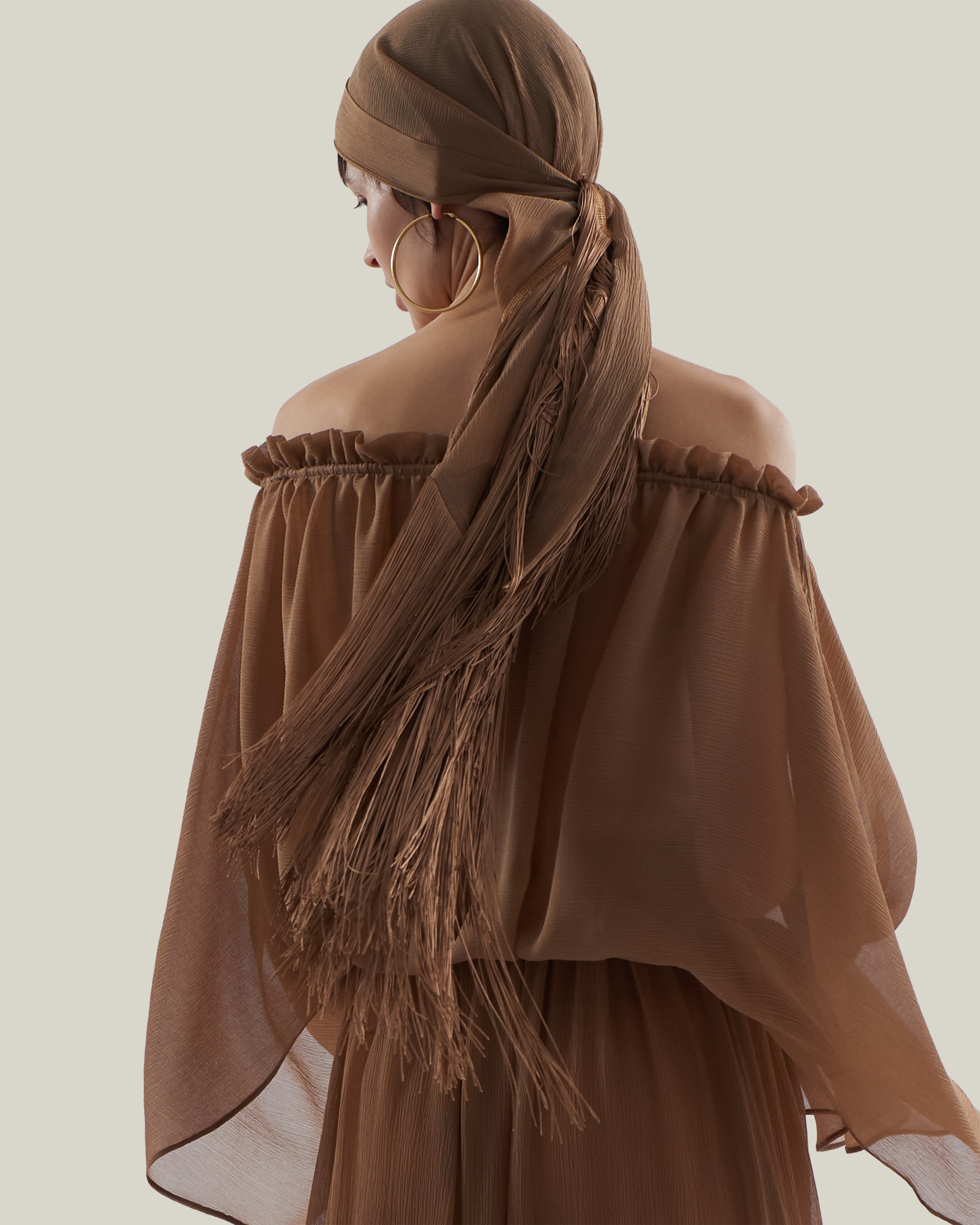 Bonny Spirito Headscarf in Camel - Crepe chiffon fringed headscarf