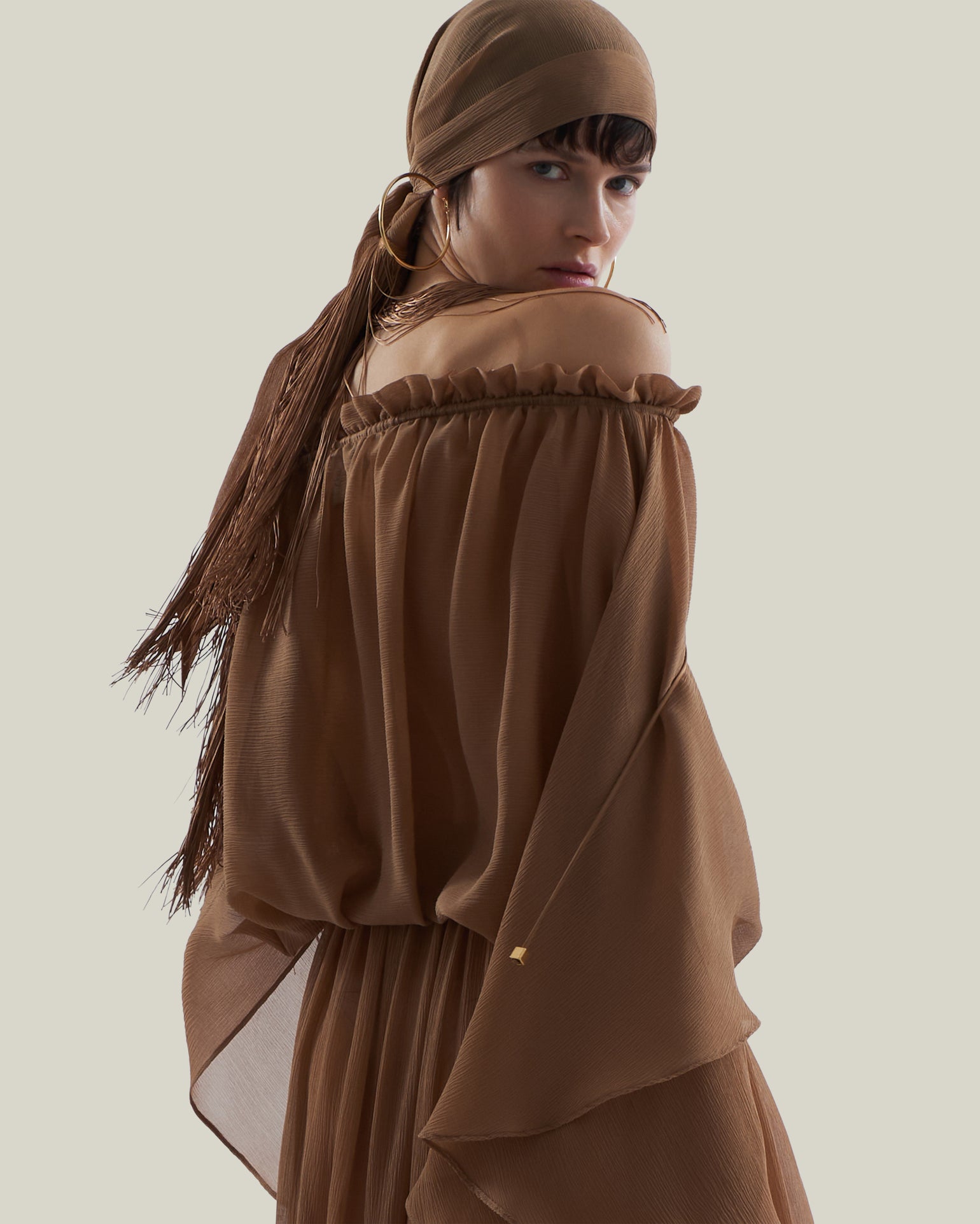 Bonny Spirito Headscarf in Camel - Crepe chiffon fringed headscarf