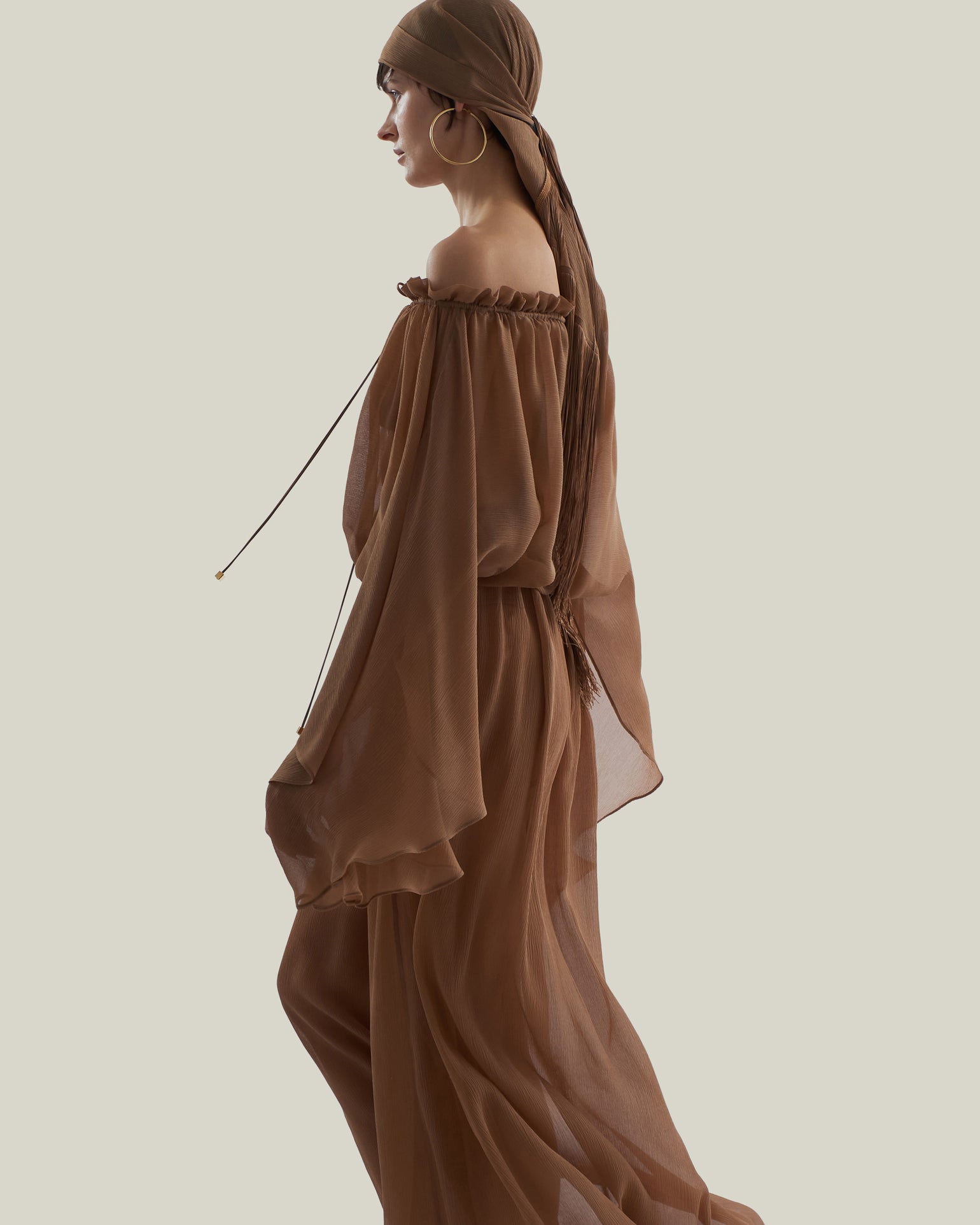 Bonny Spirito Headscarf in Camel - Crepe chiffon fringed headscarf