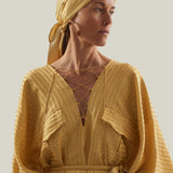 Casablanca Headscarf in Antique Gold - Three-dimensional lurex pin stripe fringed headscarf