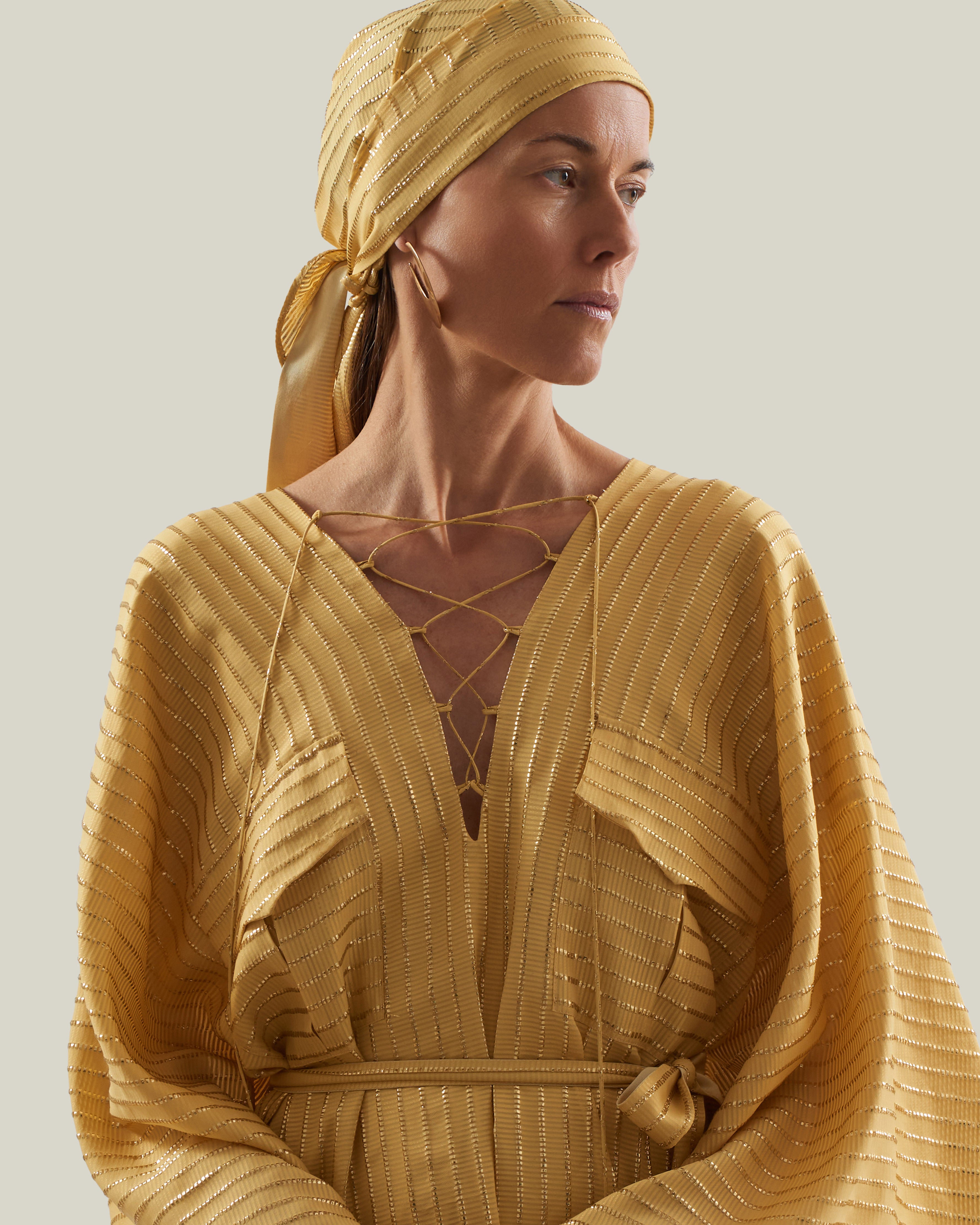 Casablanca Headscarf in Antique Gold - Three-dimensional lurex pin stripe fringed headscarf